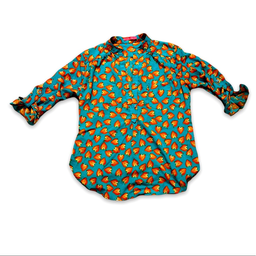 Funky teal blouse with strawberries. Size L, fits like a M
